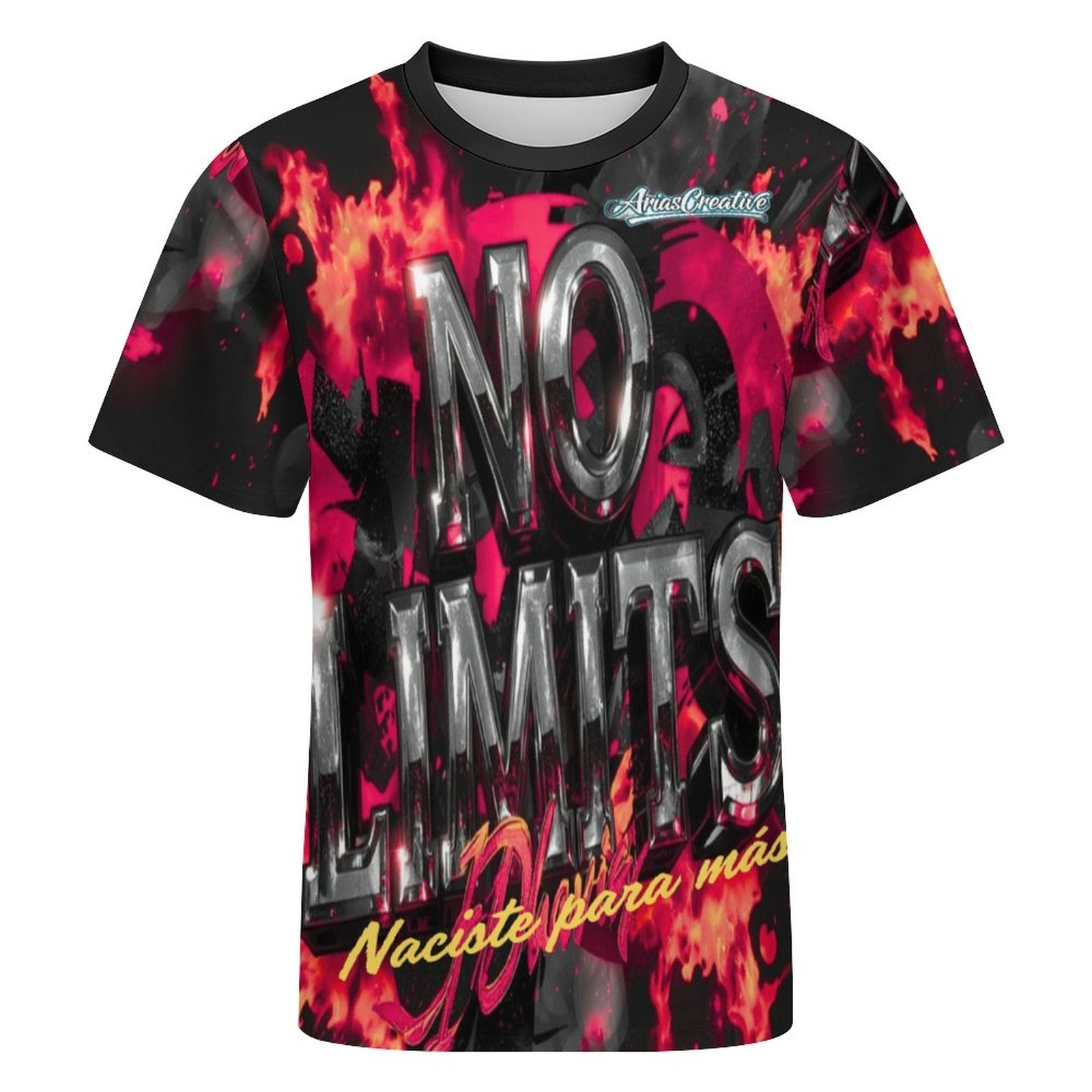 Camiseta de manga corta AriasCreative "No Limits" con mensaje inspirador en algodón, modelo en color negro con diseño moderno.