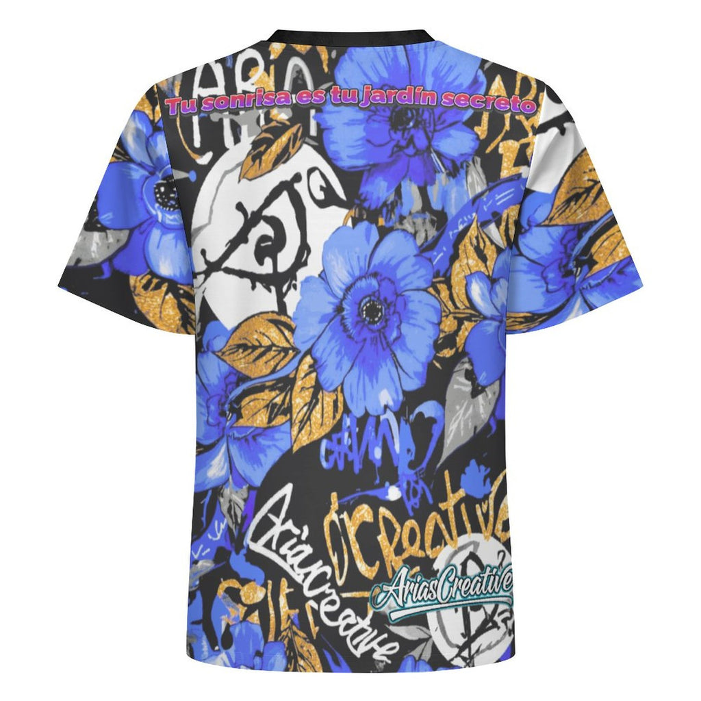 Camiseta manga corta AriasCreative con frase "Tu sonrisa es tu jardín secreto" en diseño moderno y cómodo para mujer.