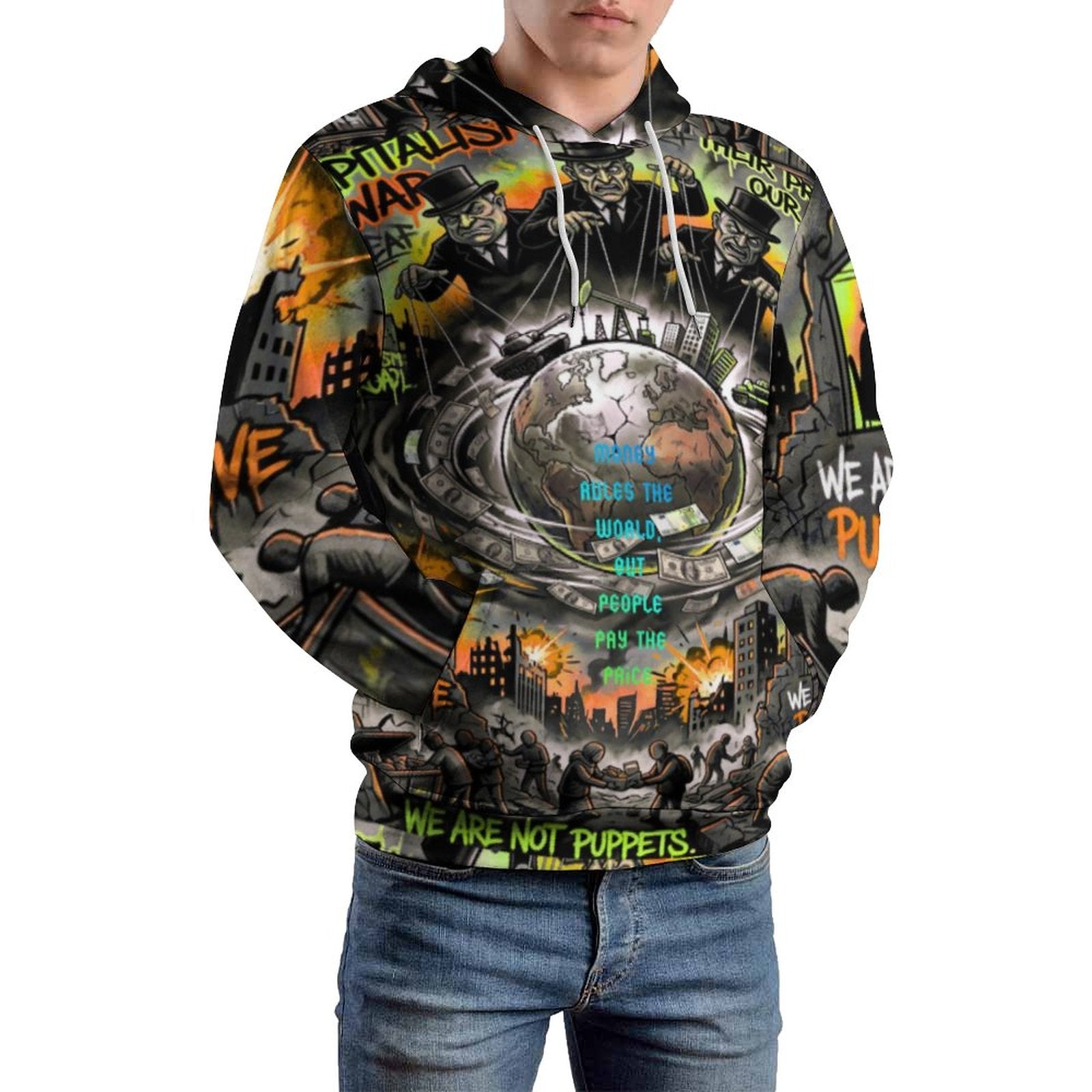 Hoodie with all-over print featuring "Money Rules the World" design by AriasCreative™ from peaprint, showcasing urban art.