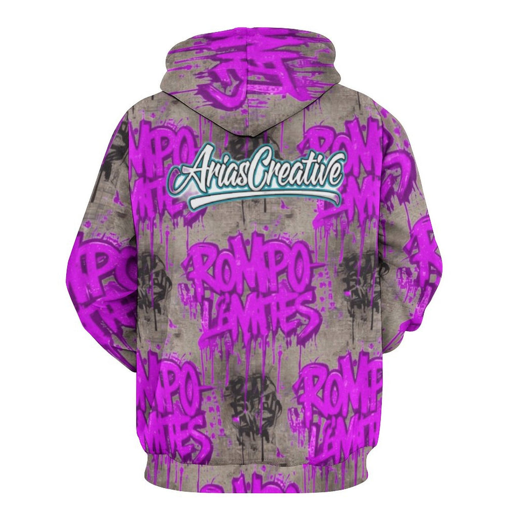 Sudadera con capucha AriasCreative "ROMPO MIS LÍMITES" con patrón graffiti rosa y gris brillante, diseño moderno y llamativo.
