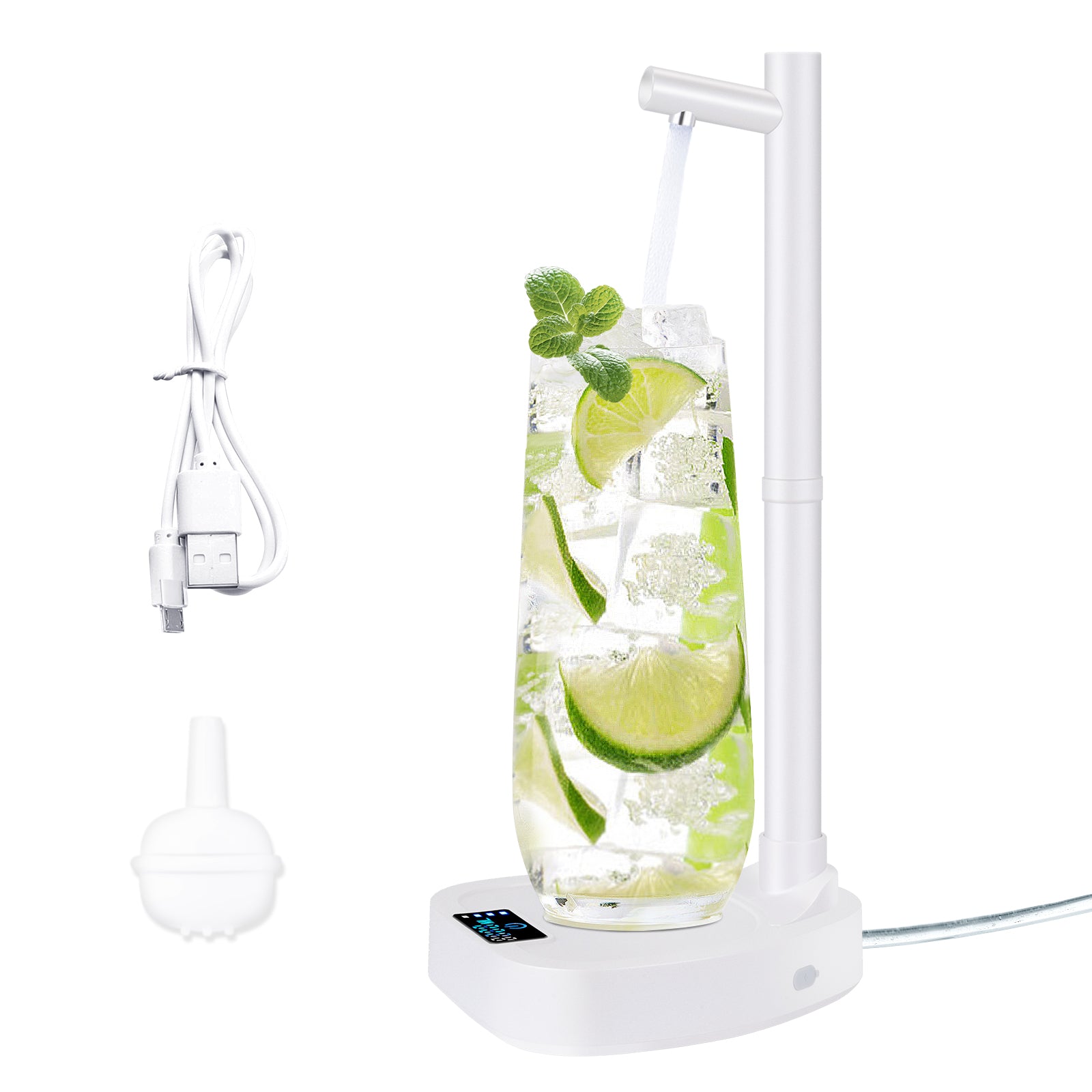 Dispensador de agua eléctrico automático AriasCreative en color blanco y azul con tubo extensible y soporte para botellas de 1 a 5 galones.