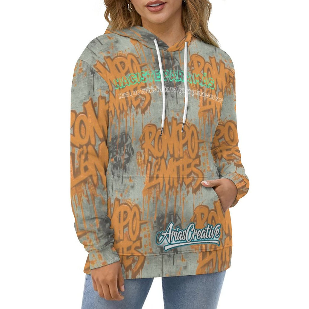 Sudadera con capucha AriasCreative "ROMPO MIS LÍMITES" en estilo streetwear urbano, en color gris con diseño en la parte frontal.