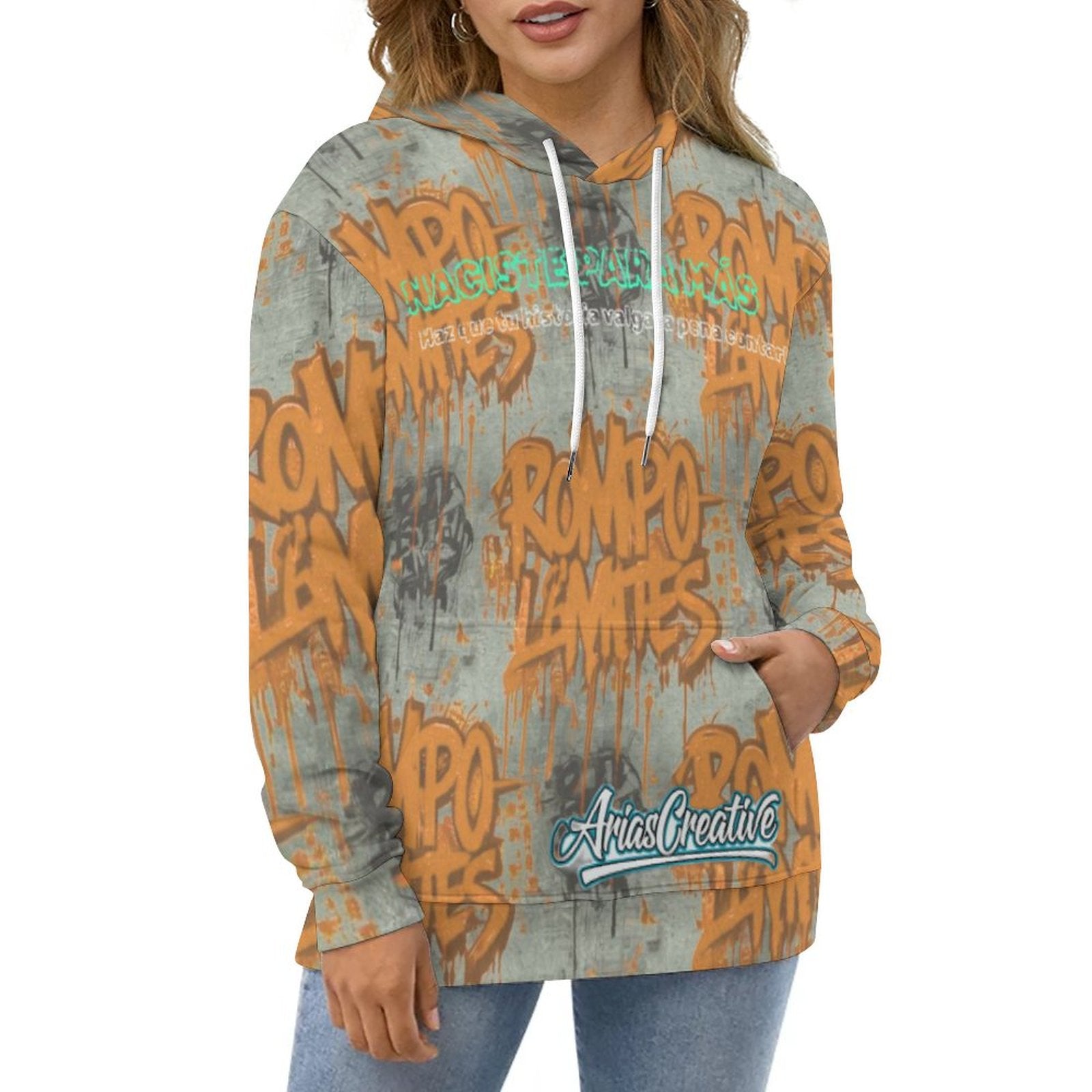 Sudadera con capucha AriasCreative "ROMPO MIS LÍMITES" en estilo streetwear urbano, en color gris con diseño en la parte frontal.