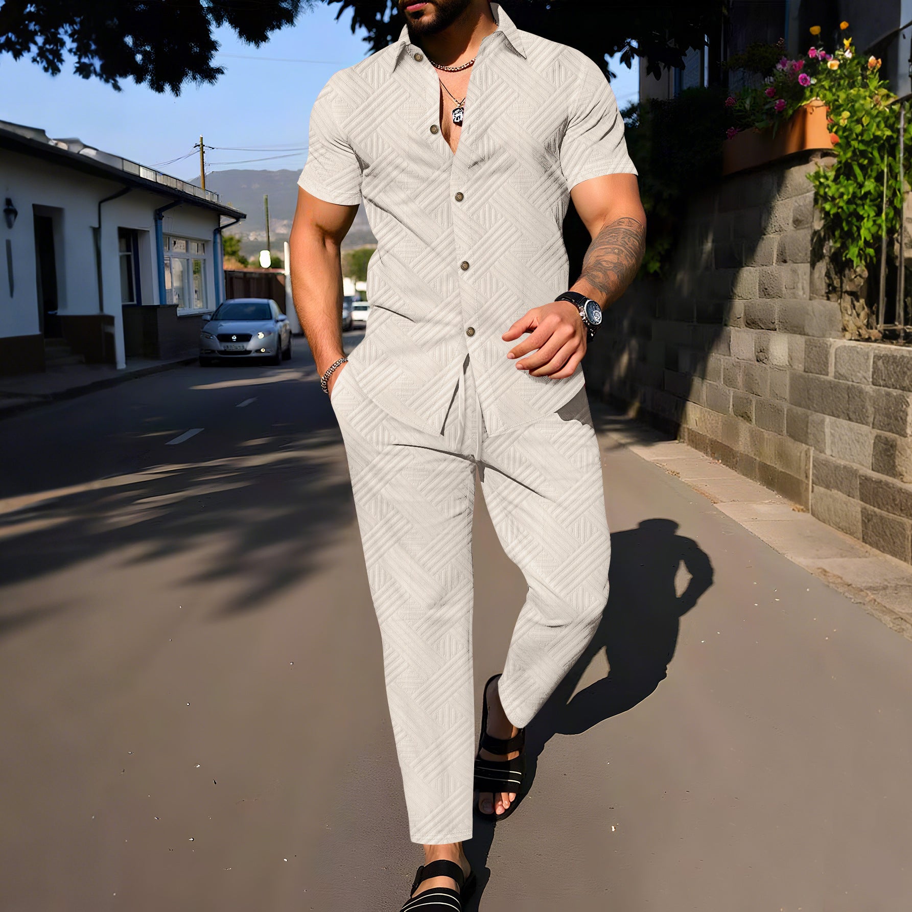 Conjunto de verano para hombre AriasCreative con camiseta de manga corta y pantalón ligero, ropa casual y cómoda.