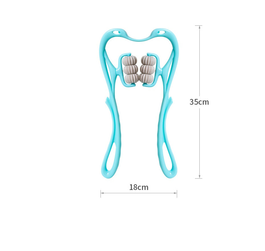 Masajeador cervical manual AriasCreative con 6 rodillos, diseño ergonómico en azul o rosa para cuello, hombros y espalda.