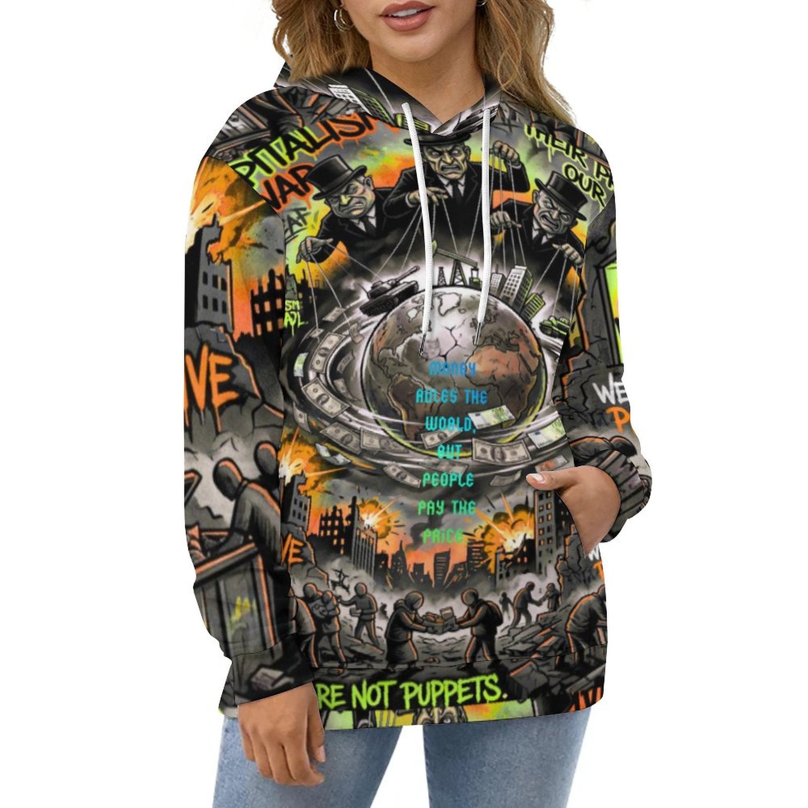 All-over print hoodie featuring urban art design with Earth, war, and money by peaprint, showcasing bold colors and graphics.