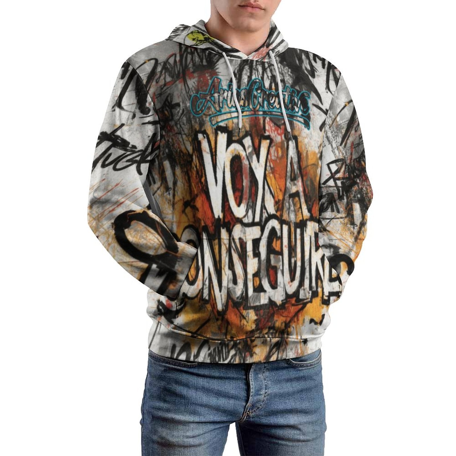 Hombre con sudadera hoodie graffitada de AriasCreative™ de peaprint, diseño de gato callejero en impresión completa.