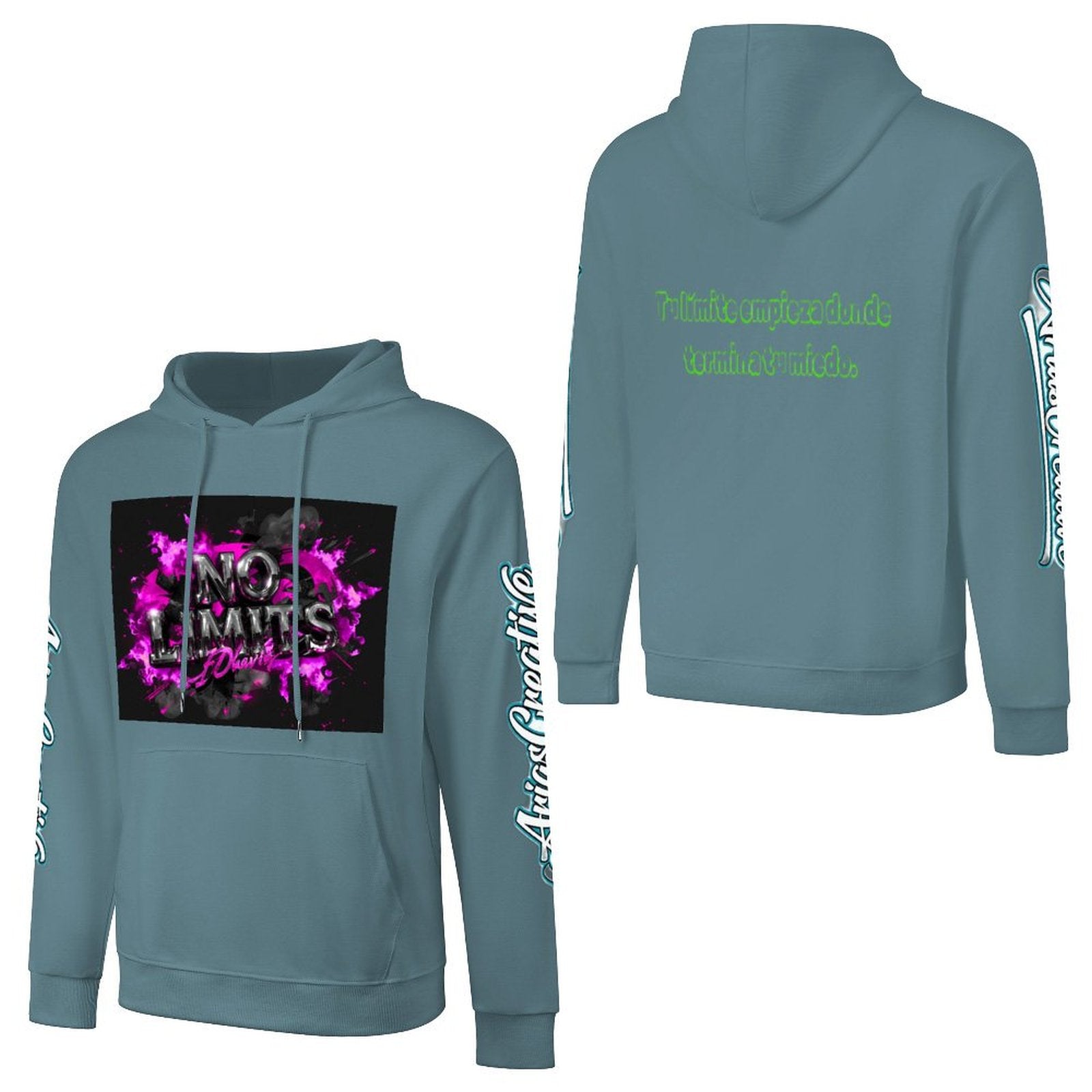 Sudadera de algodón con capucha de AriasCreative, estampado frontal, trasero y en la manga, ideal para streetwear.