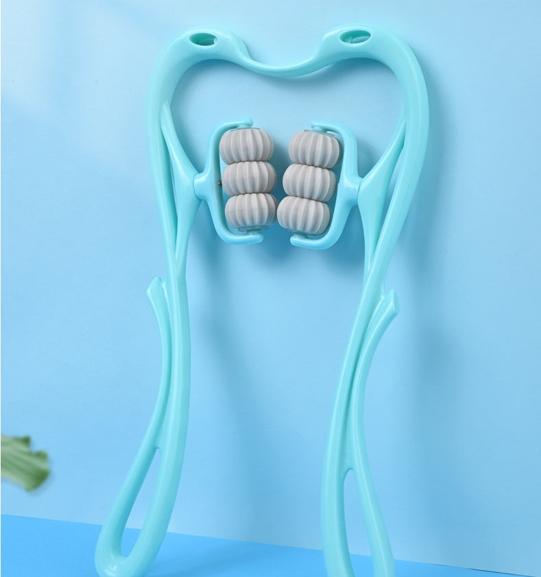 Masajeador cervical manual de 6 rodillos de AriasCreative en color azul o rosa, para cuello, hombros, espalda y piernas, diseño ergonómico.