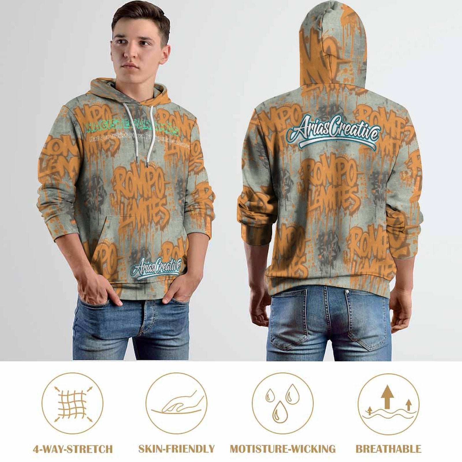 Sudadera con capucha AriasCreative "ROMPO MIS LÍMITES" de estilo urbano, vista frontal sobre fondo neutro.