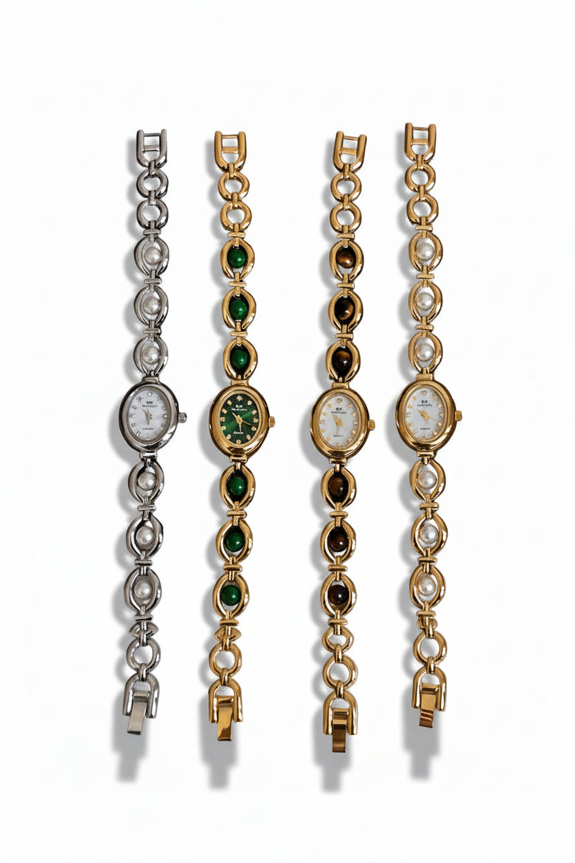 Reloj elegante para mujer AriasCreative con pulsera de perlas y diseño de cadena, grosor de 9 mm, estilo sofisticado.