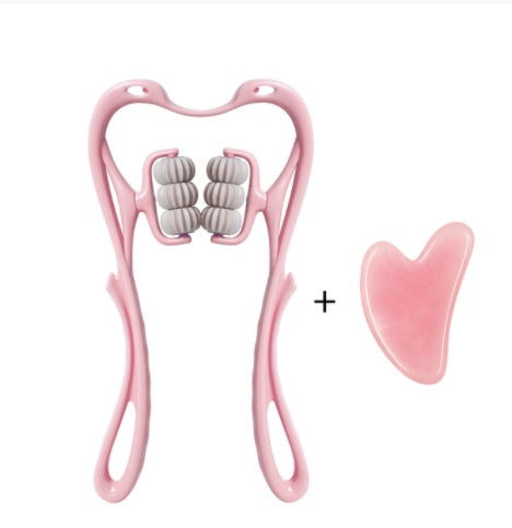 Masajeador cervical manual de 6 rodillos AriasCreative, herramienta para cuello, hombros, espalda y piernas, diseño ergonómico azul o rosa.
