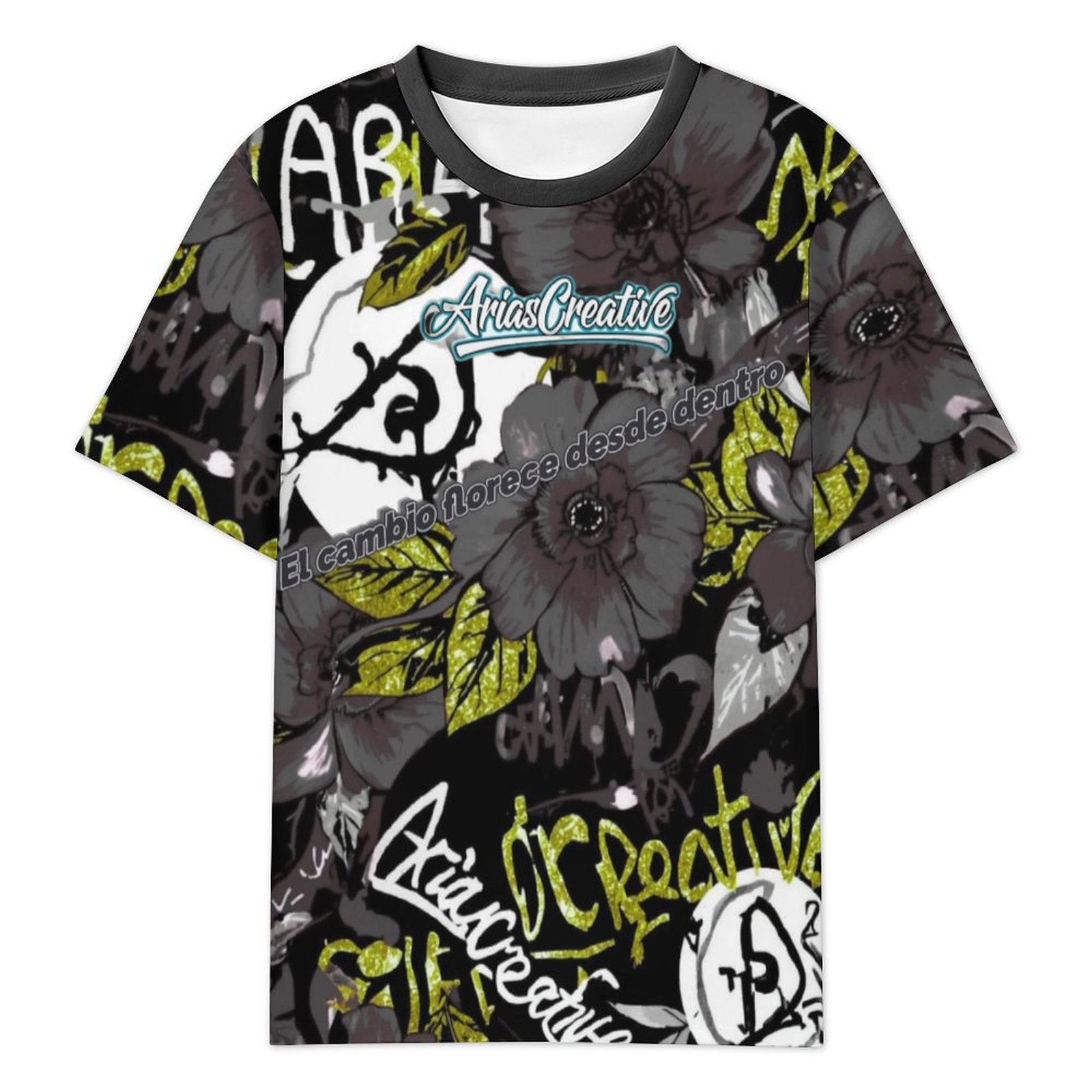 Camiseta manga corta gris y dorada de AriasCreative con frase "El camino florece desde dentro" en el frente.