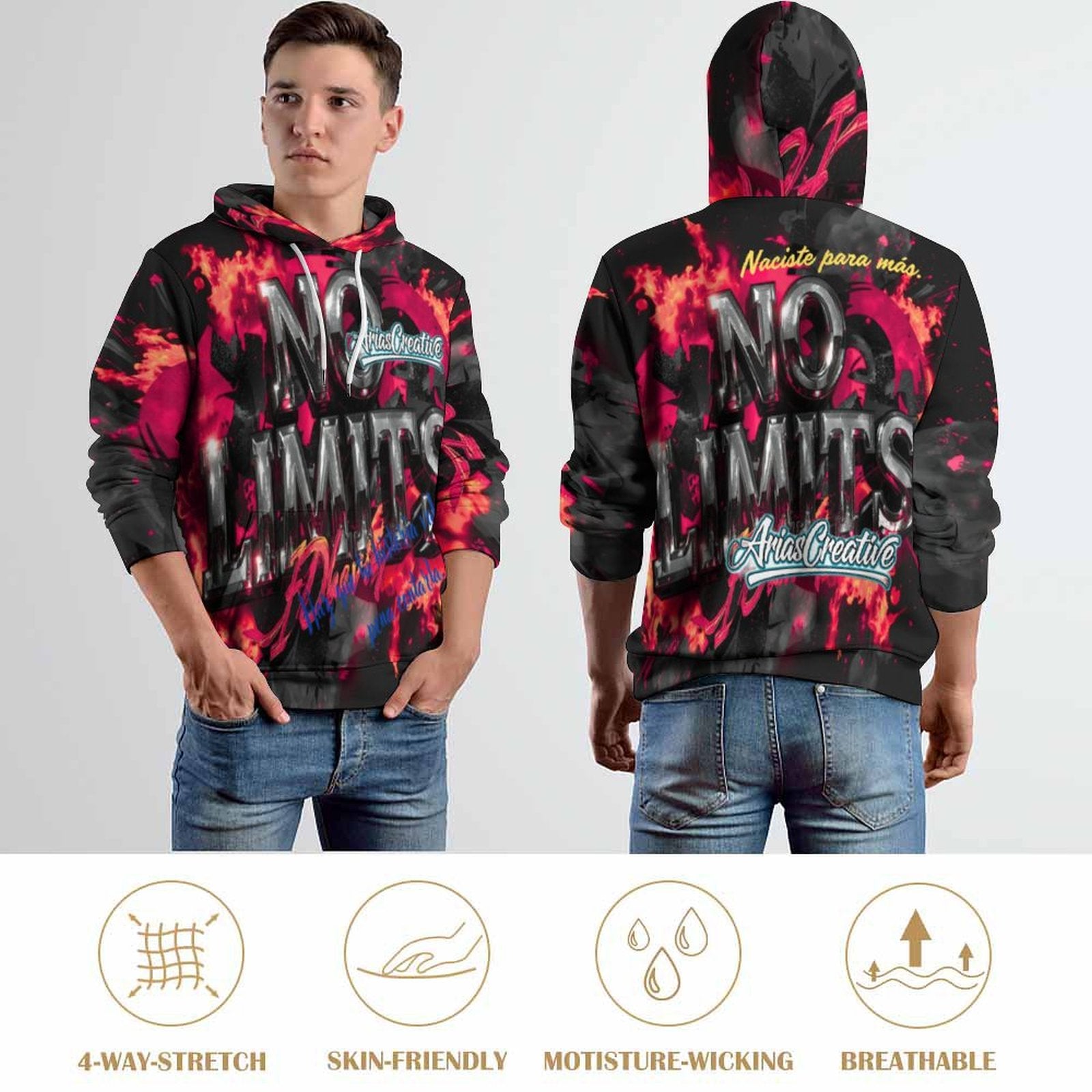 Hoodie Masculino AriasCreative "No Limits" with double hood, all-over print, and motivational phrases in urban style.