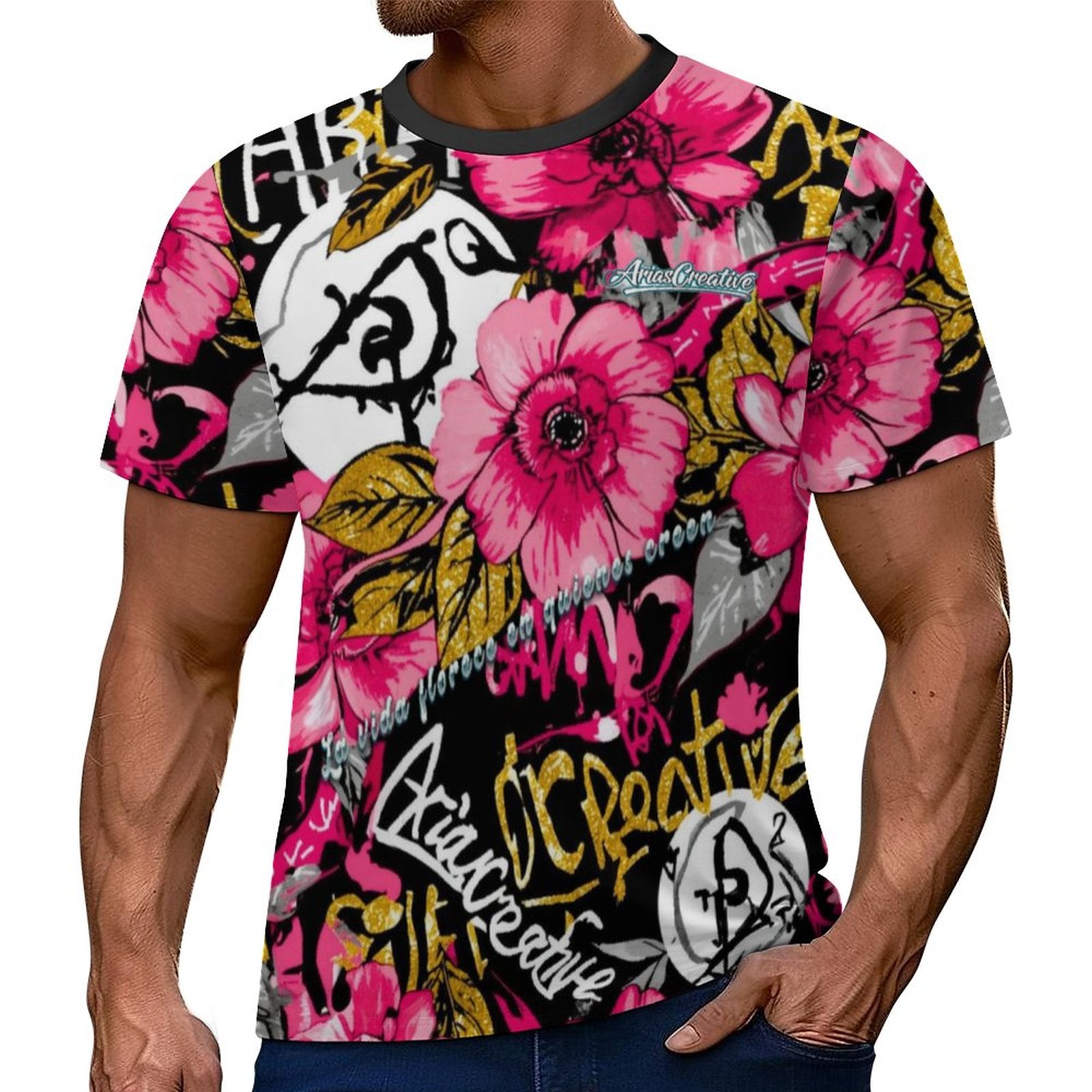 Camiseta manga corta Urban Bloom de AriasCreative con diseño floral y mensaje "Cultiva amor, cosecha felicidad" en colores vibrantes.