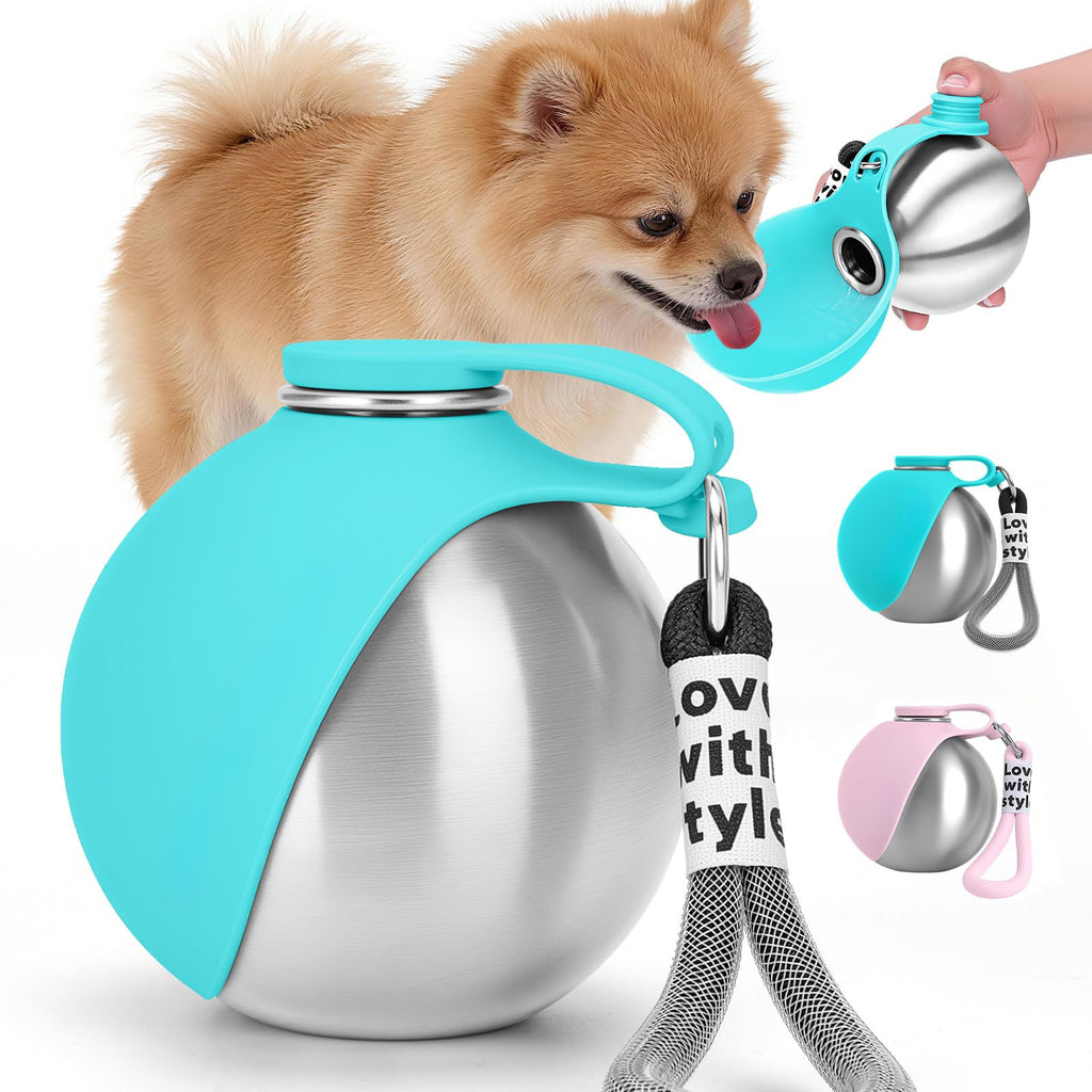 Botella de agua portátil para perros AriasCreative, 300 ml de acero inoxidable con bebedero antiderrames para paseos y viajes