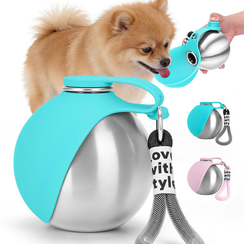 Botella de agua portátil para perros AriasCreative, 300 ml de acero inoxidable con bebedero antiderrames para paseos y viajes