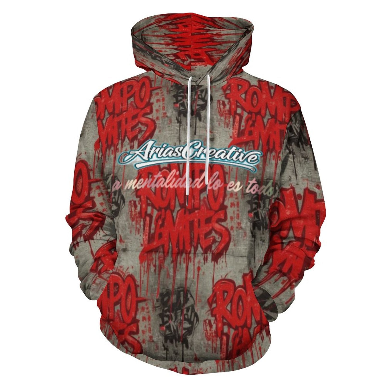 Sudadera con capucha AriasCreative "ROMPO MIS LÍMITES" en color rojo y gris, vista frontal con detalles del diseño.