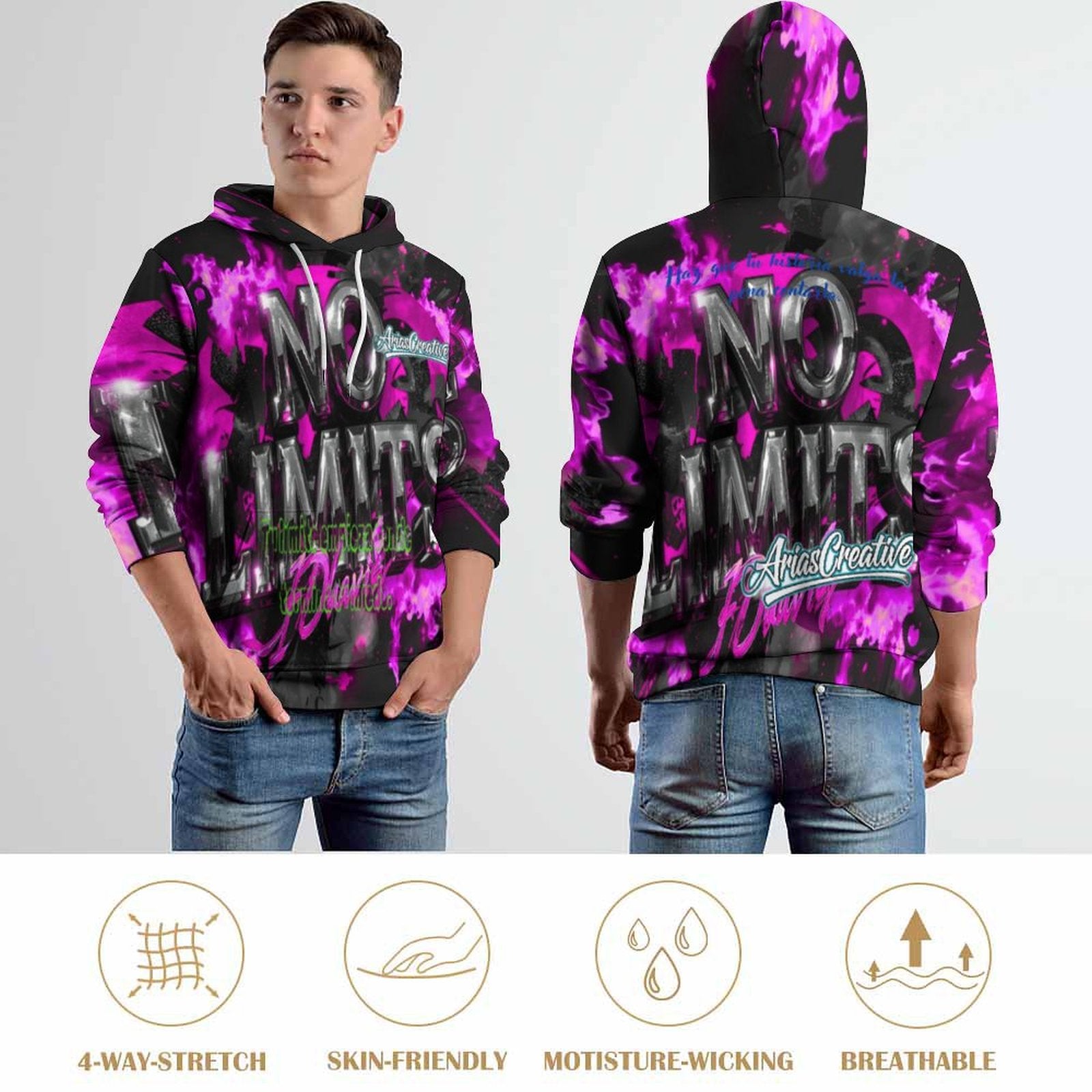 Sudadera con capucha rosa, negro y gris de AriasCreative, diseño graffiti con frases motivadoras en estilo streetwear.