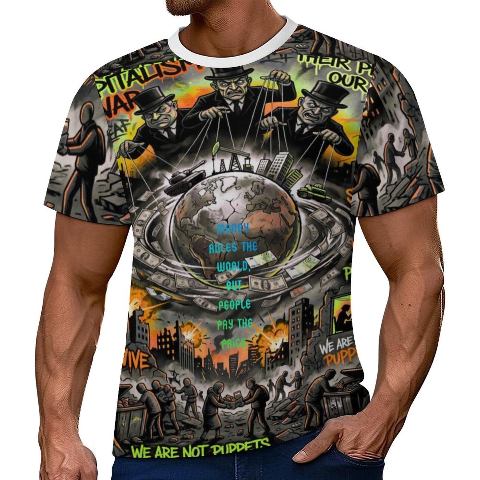 Camiseta corta manga de peaprint con estampado "Money Rules the World" y arte social urbano en colores vibrantes.