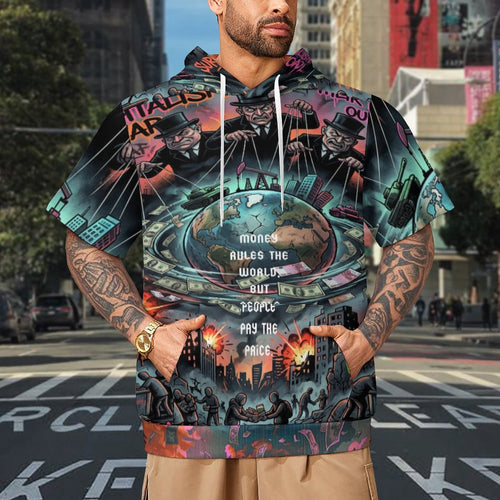 Short sleeve hoodie by peaprint featuring all-over print, "Money Rules the World" design, and urban art style.