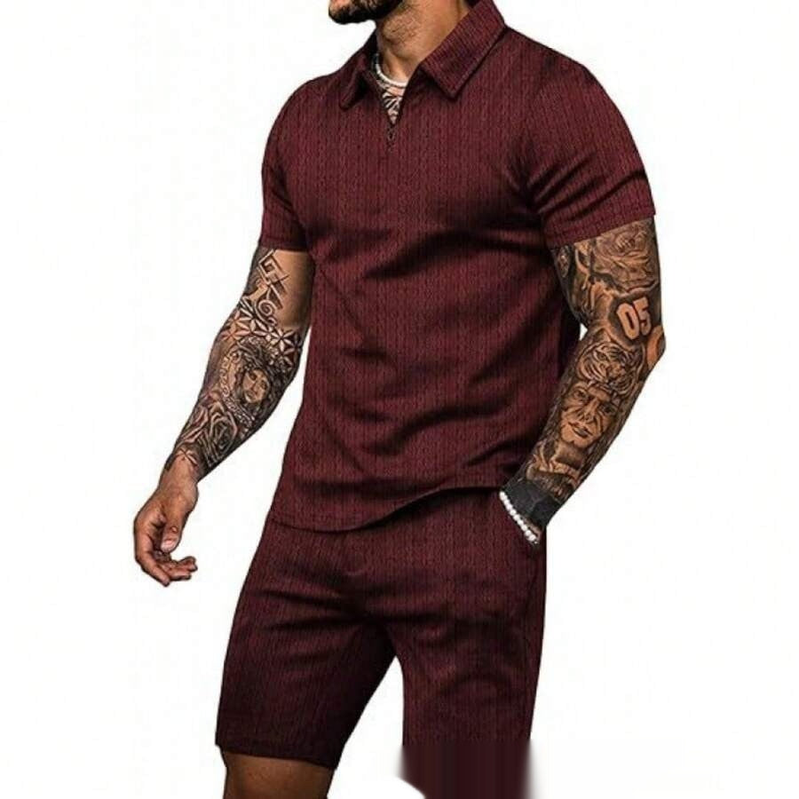 Conjunto de verano ajustado para hombre de AriasCreative con camiseta de rayas y pantalón corto, ideal para días cálidos.