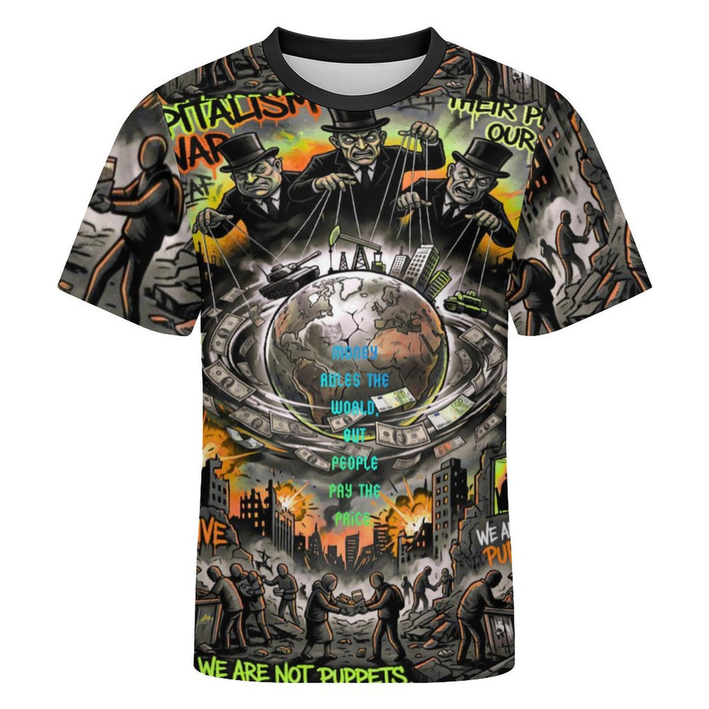 Camiseta corta de peaprint con estampado "Money Rules the World" en arte social urbano, fondo colorido y diseño creativo.