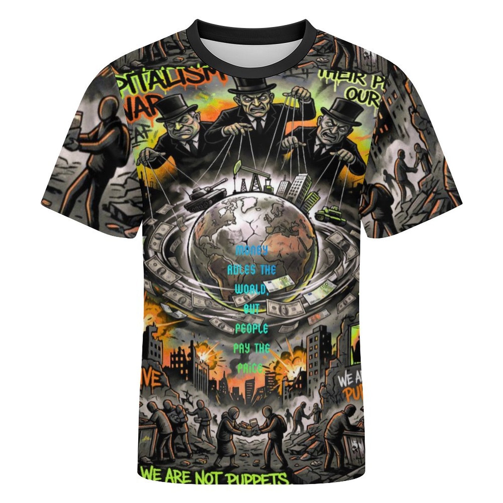 Camiseta corta de peaprint con estampado "Money Rules the World" en arte social urbano, fondo colorido y diseño creativo.