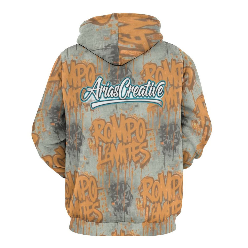 Sudadera con capucha AriasCreative “ROMPO MIS LÍMITES” en estilo streetwear urbano, color gris y diseño moderno.