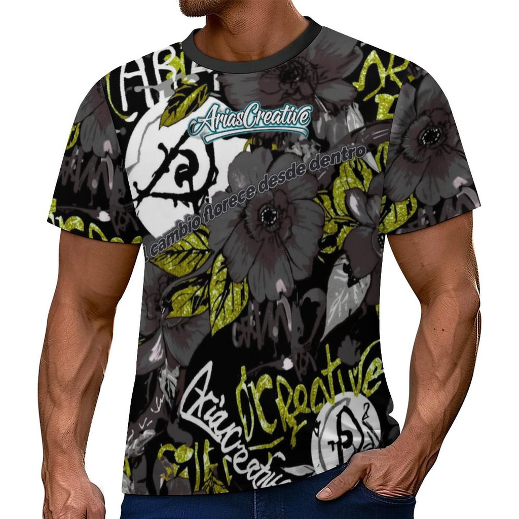 Camiseta manga corta AriasCreative Inner Bloom en gris y dorado con frase "El camino florece desde dentro" en diseño elegante.