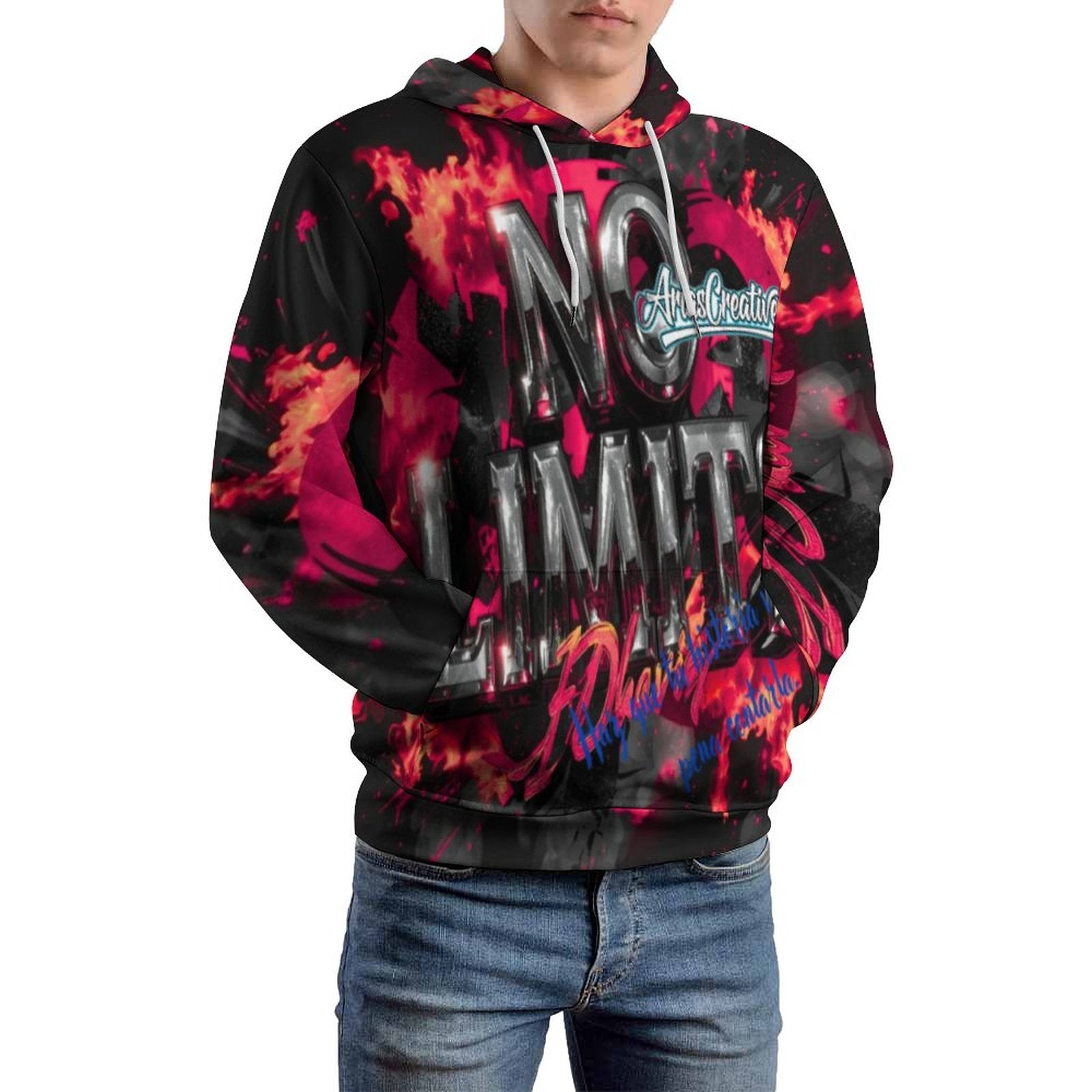 AriasCreative men's hoodie with double hood, all-over print, and motivational phrases in urban style.