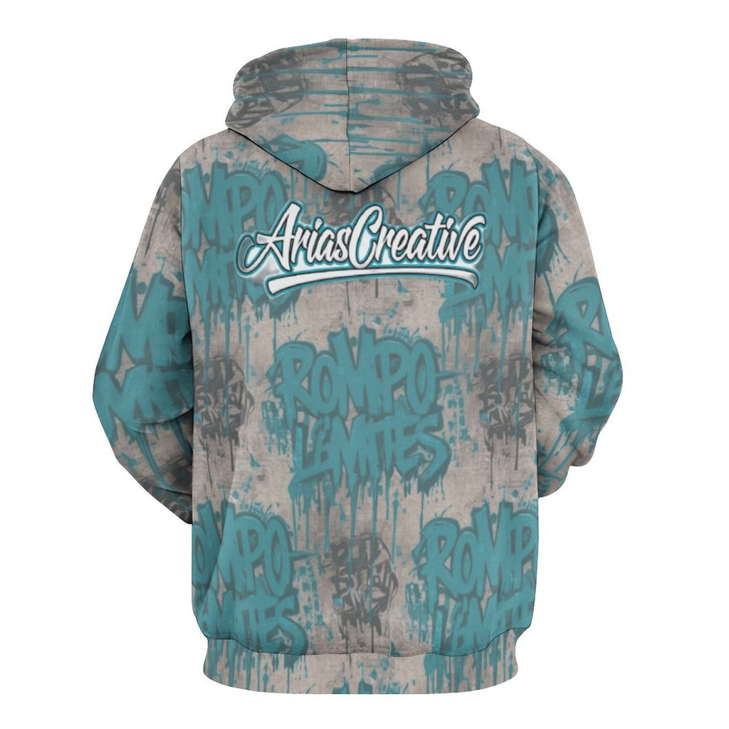 Sudadera con capucha Peaprint "ROMPO MIS LÍMITES" de AriasCreative, streetwear urbano premium, en color gris con diseño en la parte frontal.