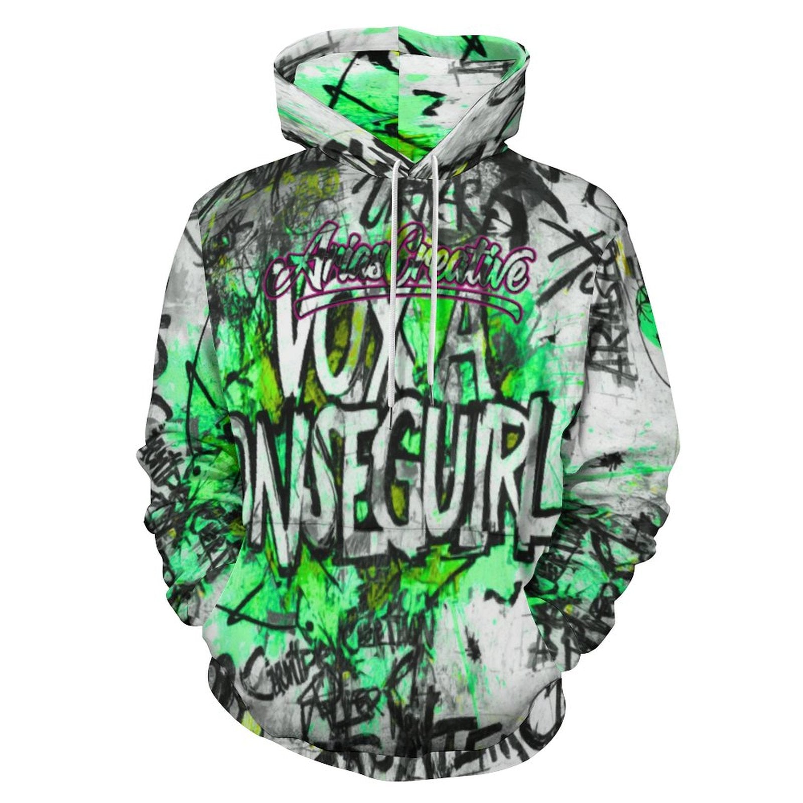 Sudadera verde para hombre de AriasCreative™ con capucha doble y diseño all-over print, estilo streetwear premium.