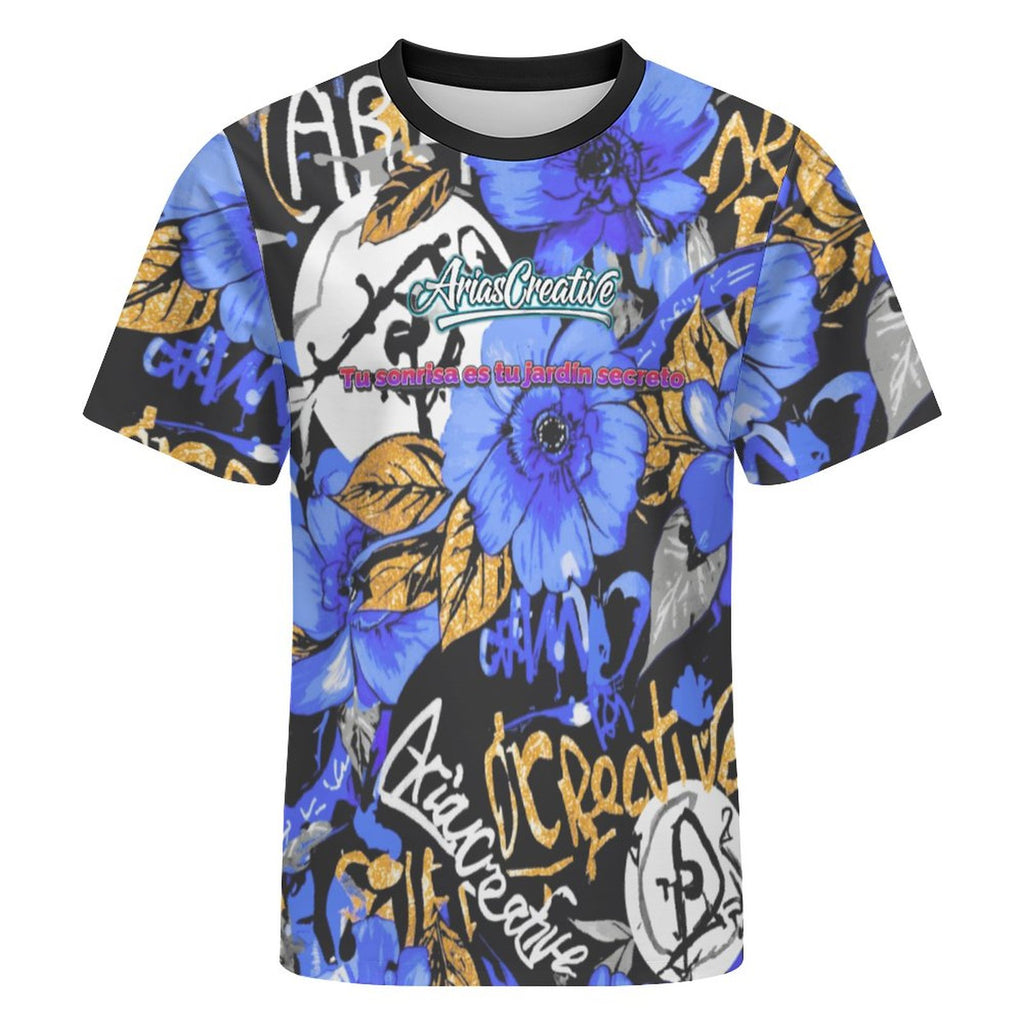 Camiseta manga corta AriasCreative con frase "Tu sonrisa es tu jardín secreto" en color blanco, diseño casual y cómodo.