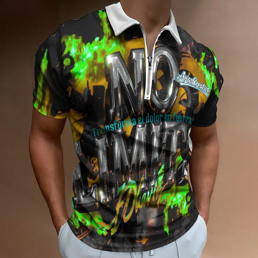 Green, black, and gray AriasCreative polo for men, featuring a "No Limits" design in stylish streetwear fashion.