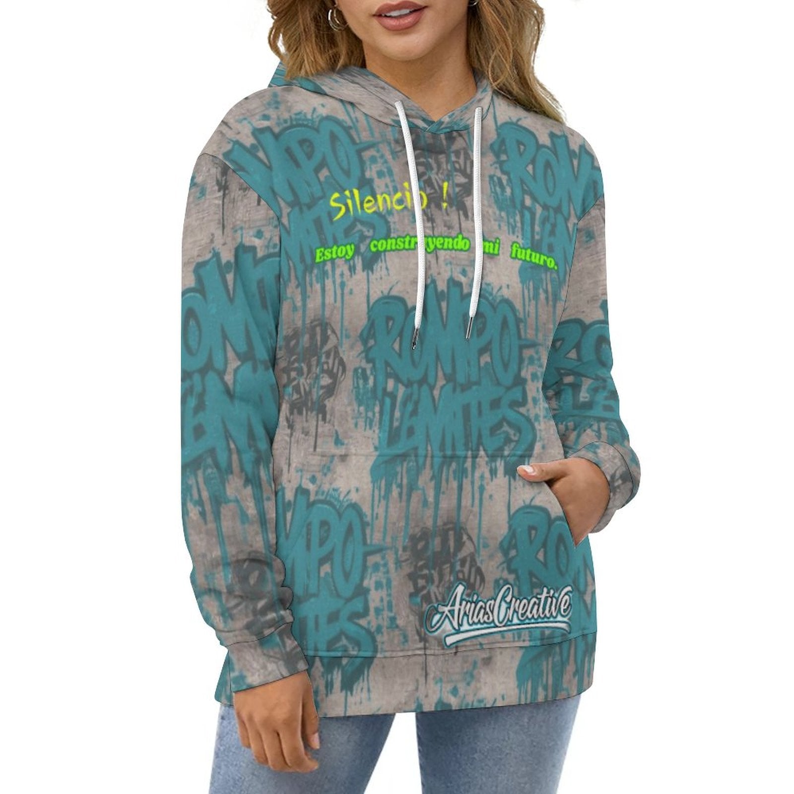 Sudadera con capucha AriasCreative "ROMPO MIS LÍMITES" en streetwear urbano, en color gris con diseño en el frente.