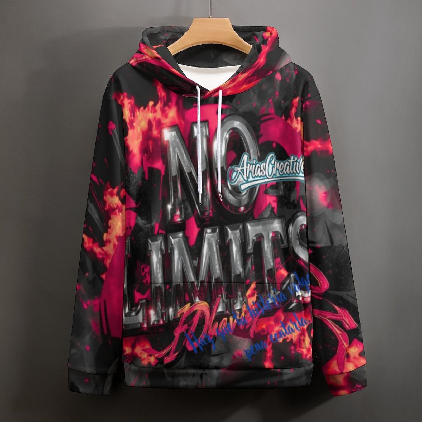 Men's hoodie from AriasCreative, featuring an all-over print and motivational phrases, perfect for urban style.