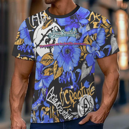 Camiseta manga corta AriasCreative con mensaje "Tu sonrisa es tu jardín secreto" en tela suave y diseño moderno.