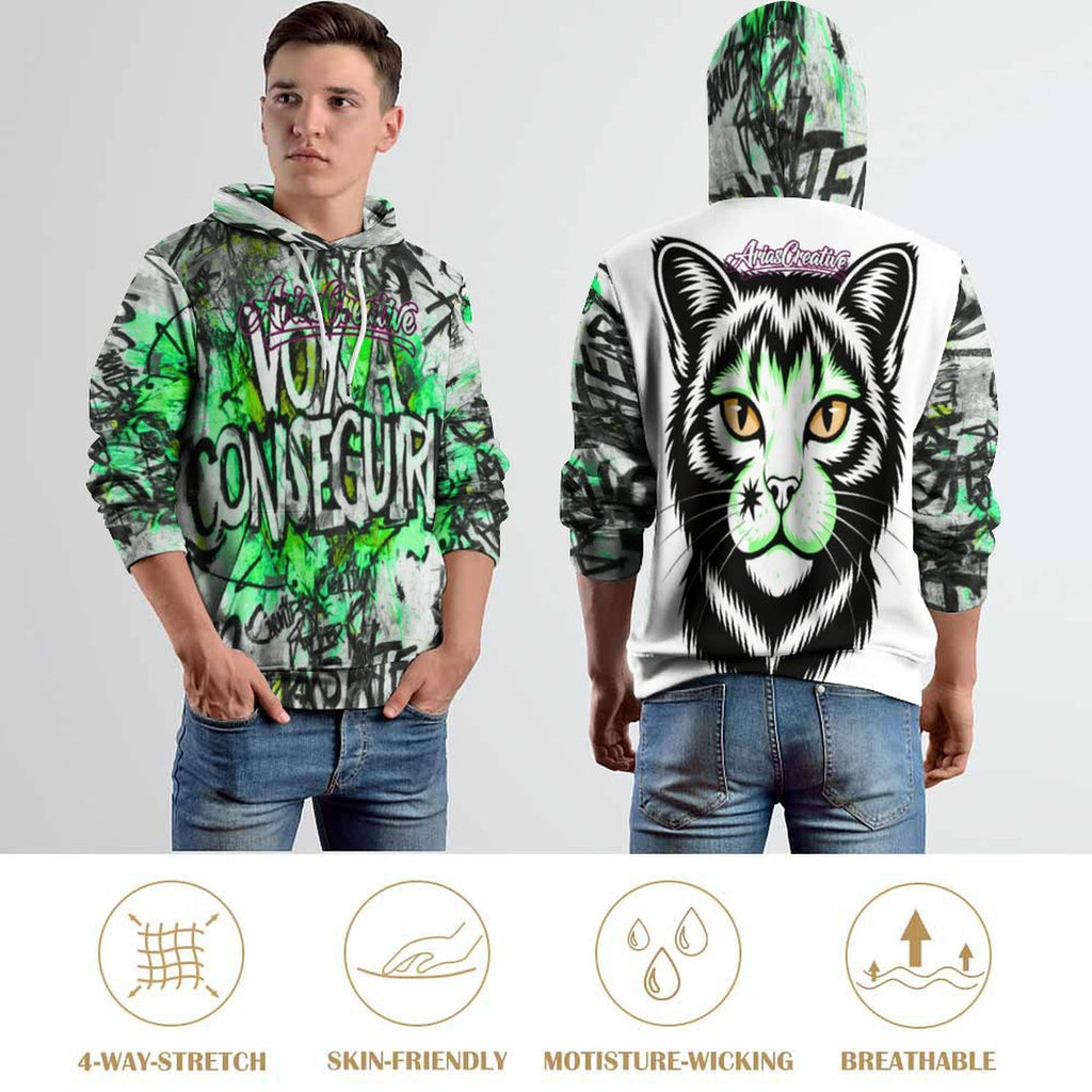Sudadera con capucha verde para hombre de AriasCreative™ con diseño all-over print y estilo streetwear premium.