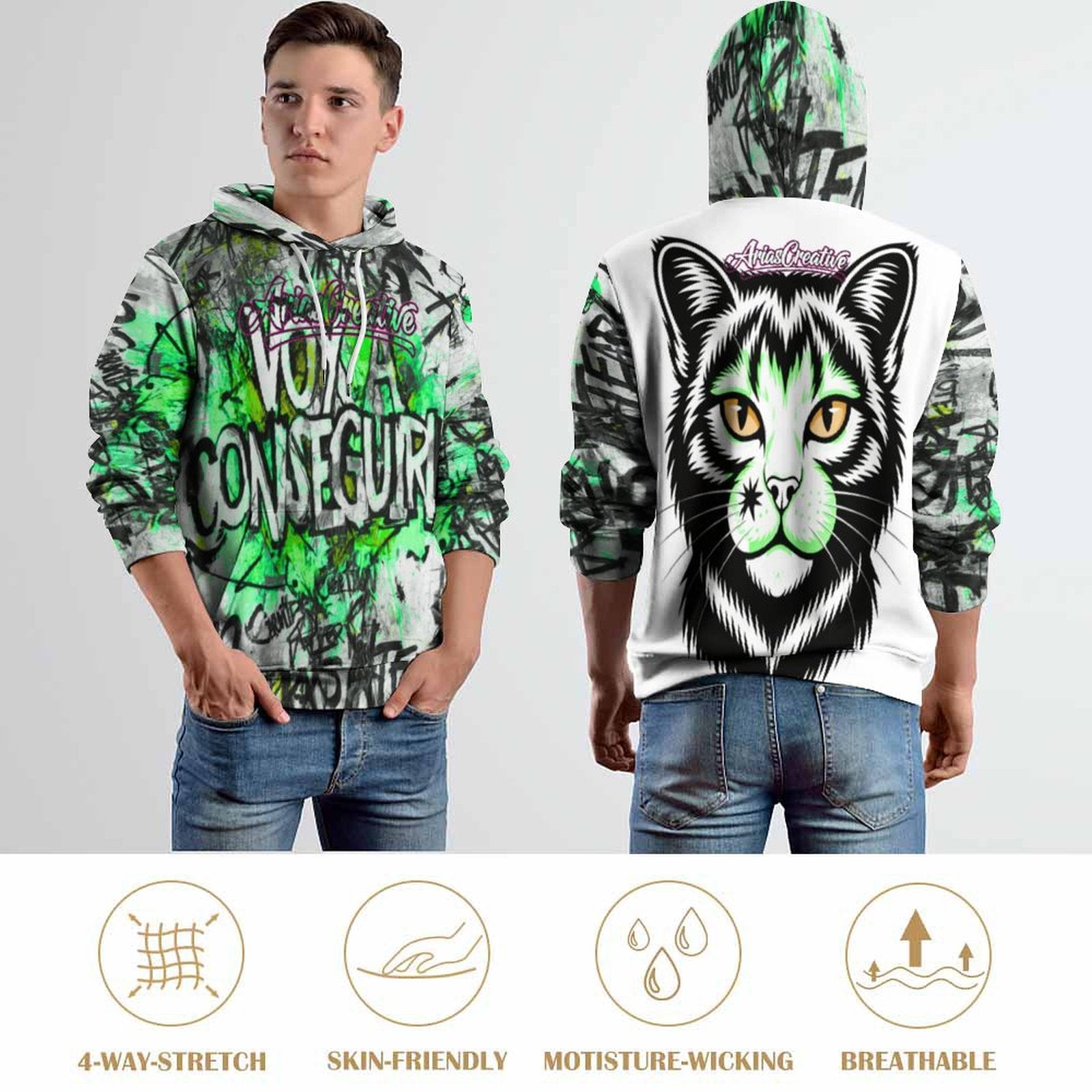 Sudadera con capucha verde para hombre de AriasCreative™ con diseño all-over print y estilo streetwear premium.