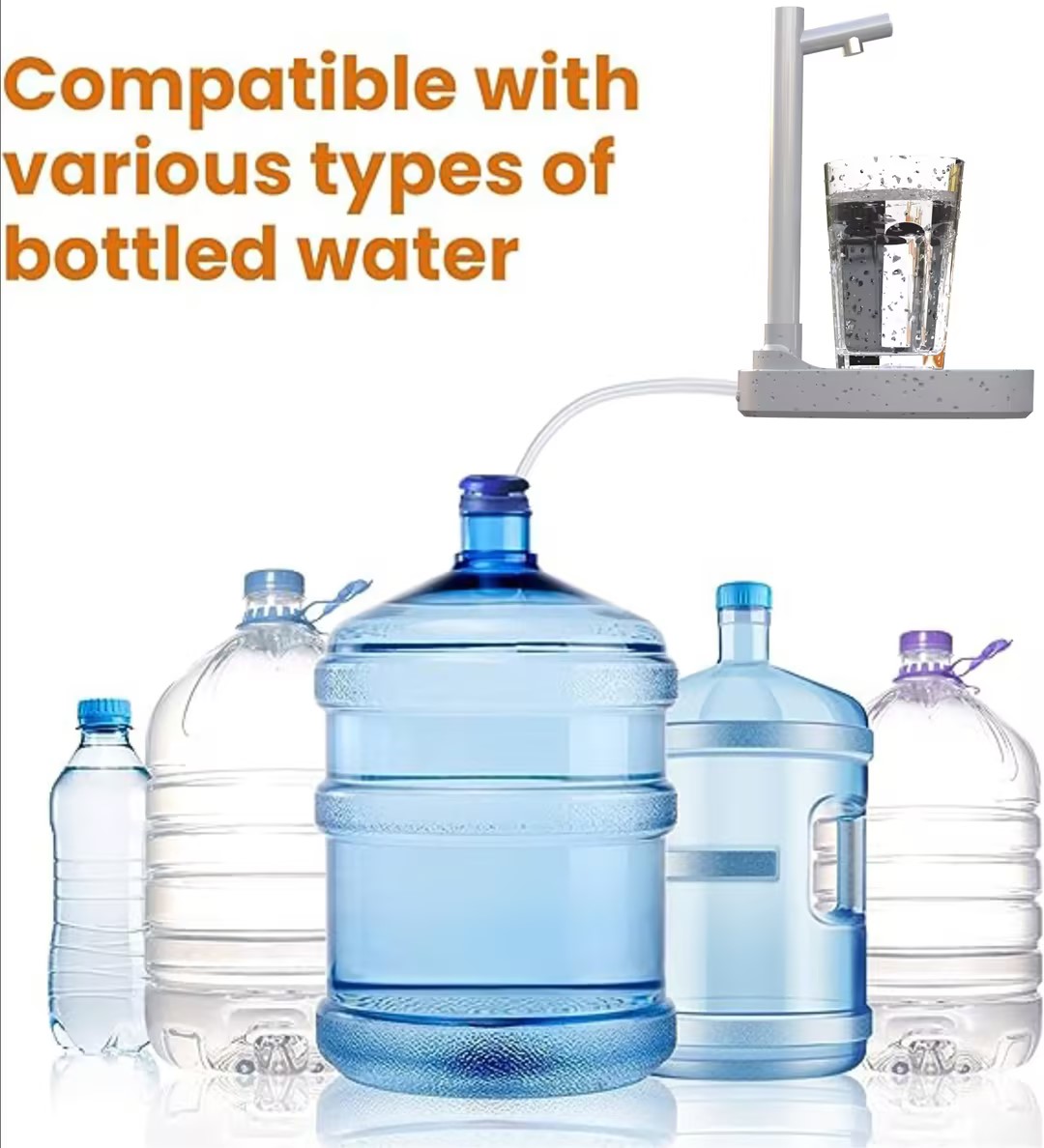 Dispensador de agua eléctrico automático AriasCreative con soporte, tubo extensible y botones de dosificación en color blanco y azul.
