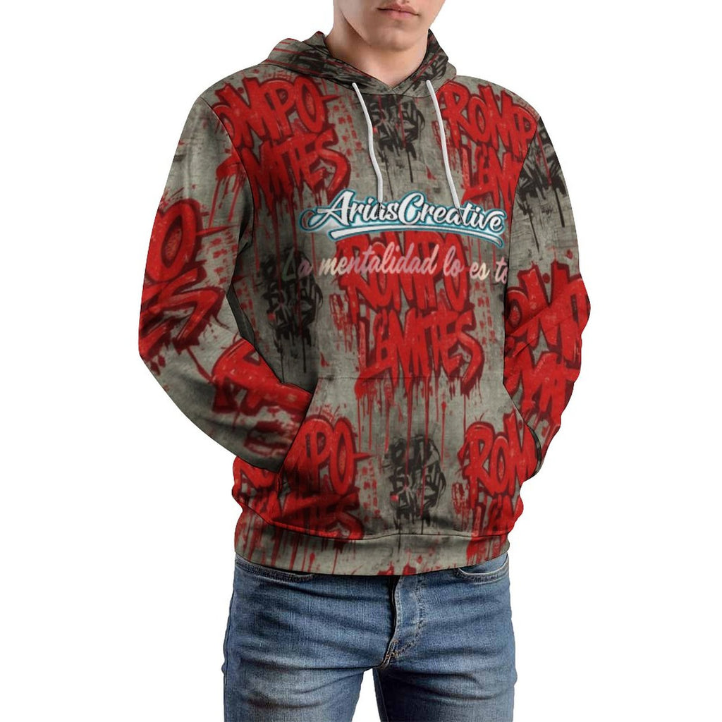 Sudadera con capucha AriasCreative “ROMPO MIS LÍMITES” en rojo y gris, estilo streetwear, visible en la imagen.