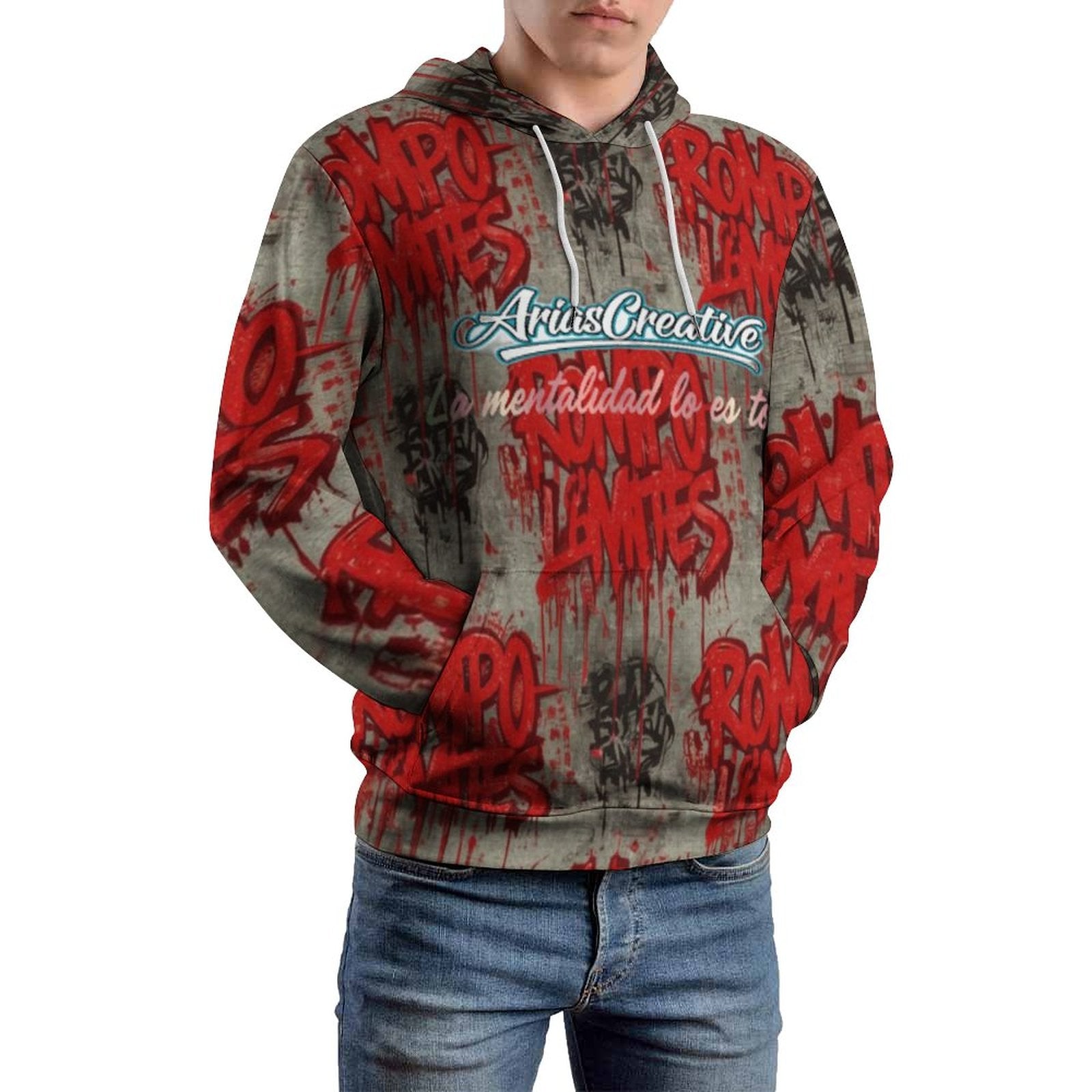 Sudadera con capucha AriasCreative “ROMPO MIS LÍMITES” en rojo y gris, estilo streetwear, visible en la imagen.