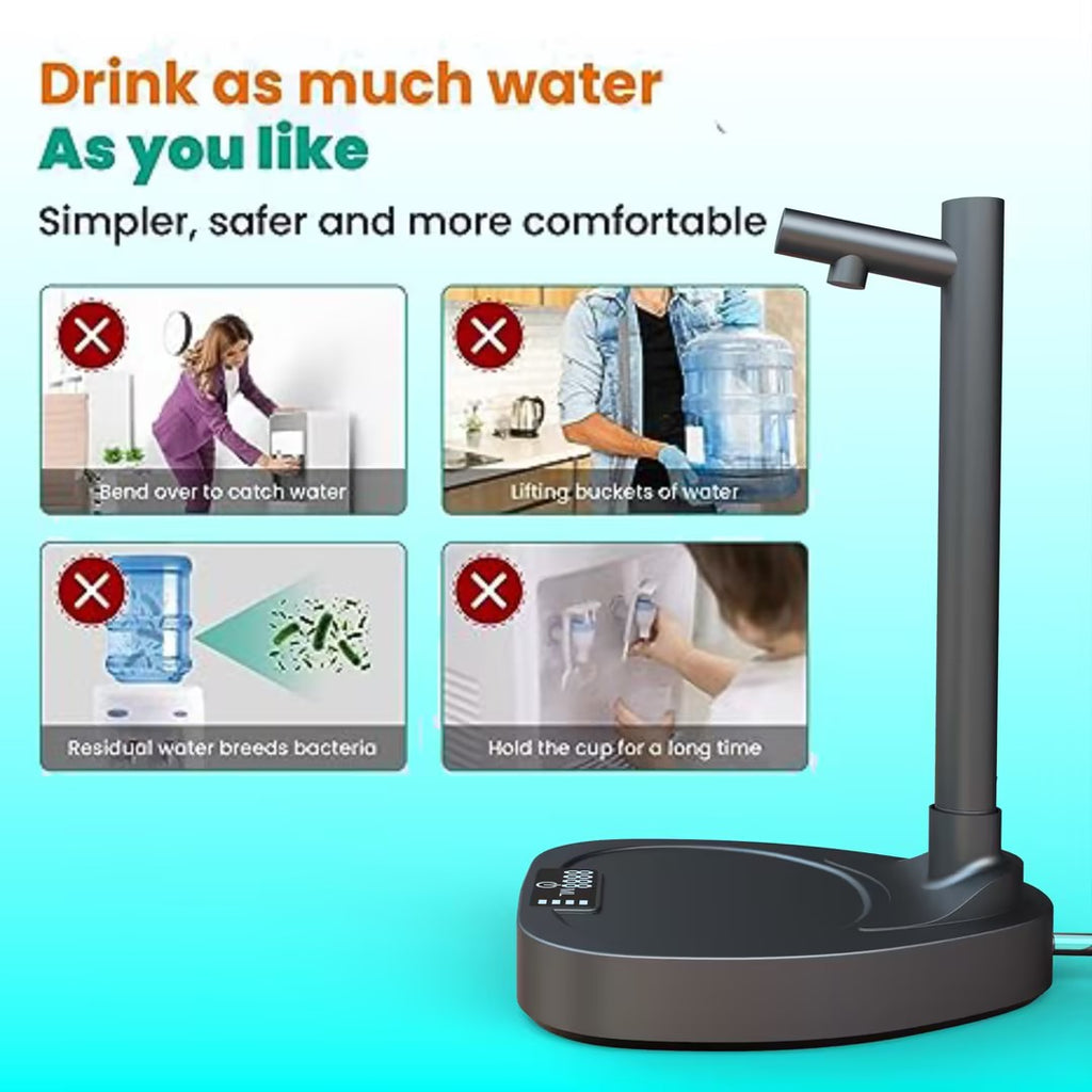 Dispensador de agua eléctrico automático de AriasCreative en color blanco y azul, con soporte, tubo extensible y niveles de dosificación.