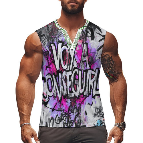 Chaleco Henley de peaprint para hombre, estilo streetwear con diseño premium de graffiti en fondo urbano.