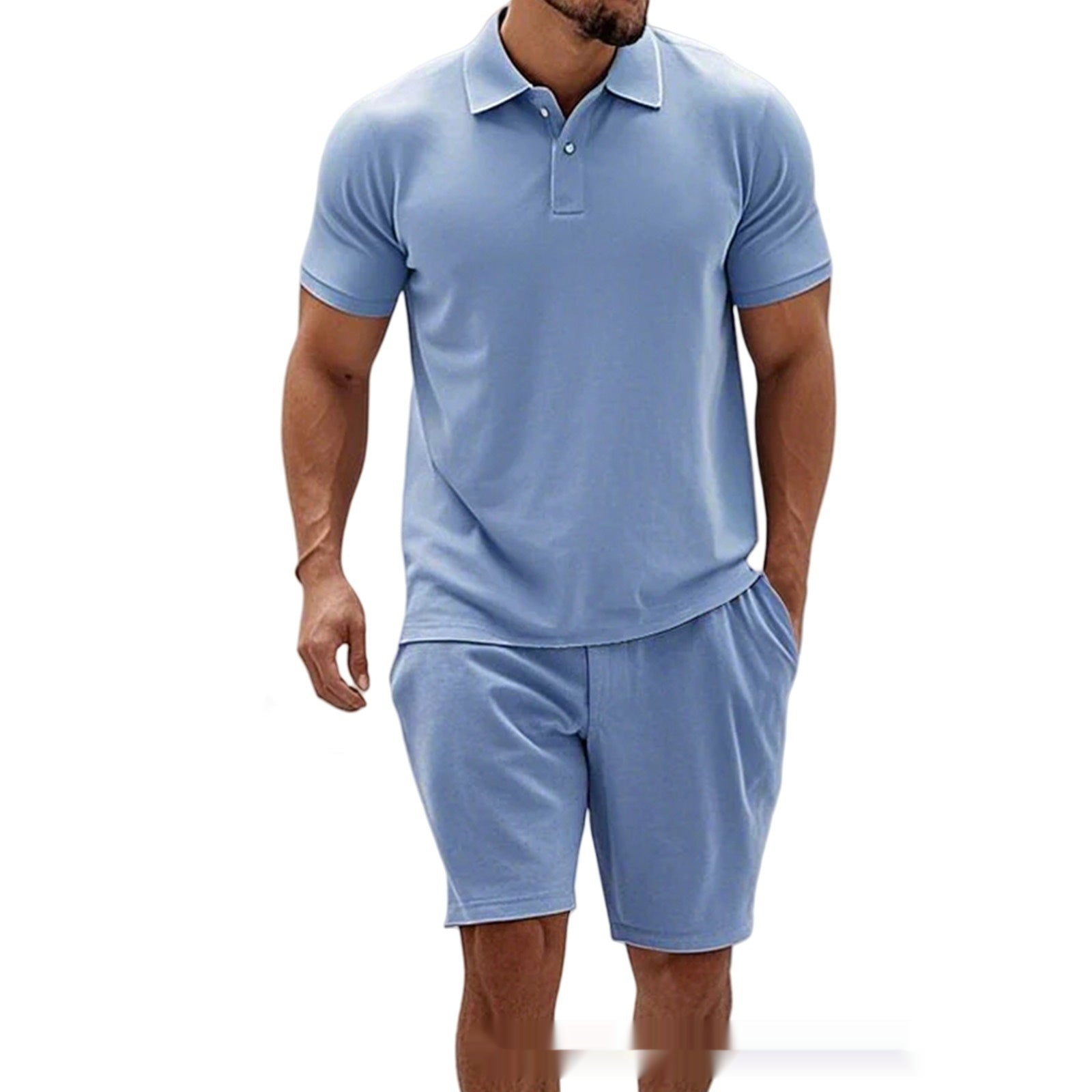 Conjunto de verano para hombre de AriasCreative, camiseta de rayas ajustada con cremallera y pantalón corto azul claro.