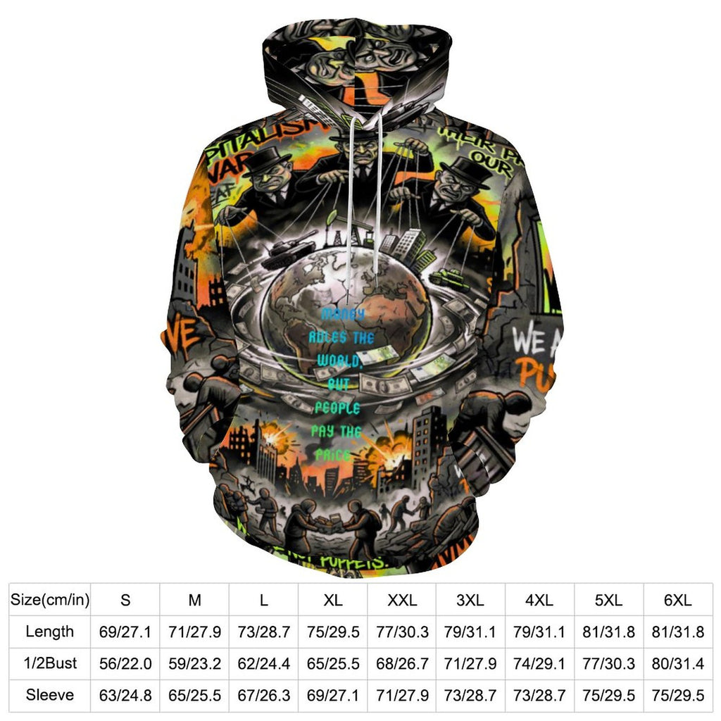 Hoodie with all-over print featuring urban art of Earth, war, and money by AriasCreative™ from peaprint.