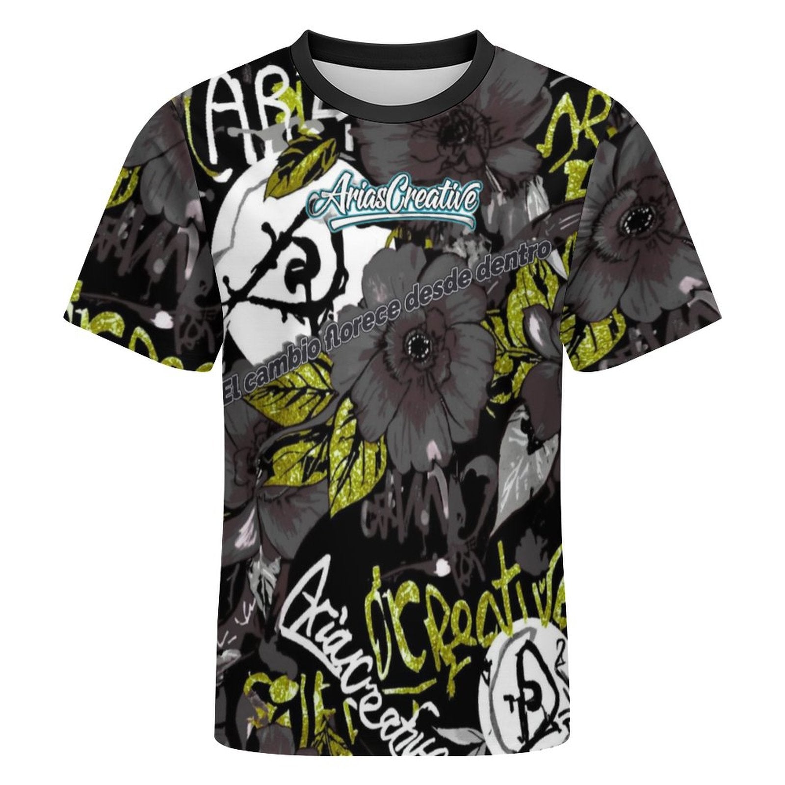 Camiseta manga corta gris y dorada de AriasCreative con diseño "El camino florece desde dentro".