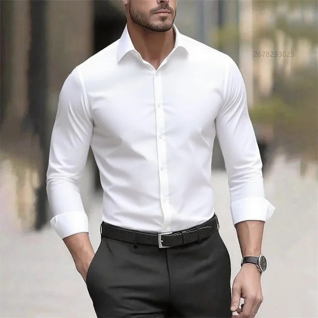 Camisa de hombre de manga larga de fibra de bambú, lisa y cómoda, de la marca AriasCreative, en color neutro.