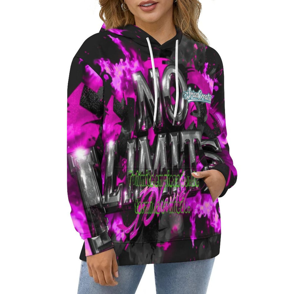 Hoodie peaprint "No Limits" in pink, black, and gray graffiti design with motivational phrases, showcasing urban streetwear style.